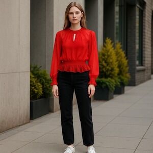 LOFT Small Red Blouse Smocked Waist Sheer Ruffled Long Sleeve Top‎ Size NEW!!